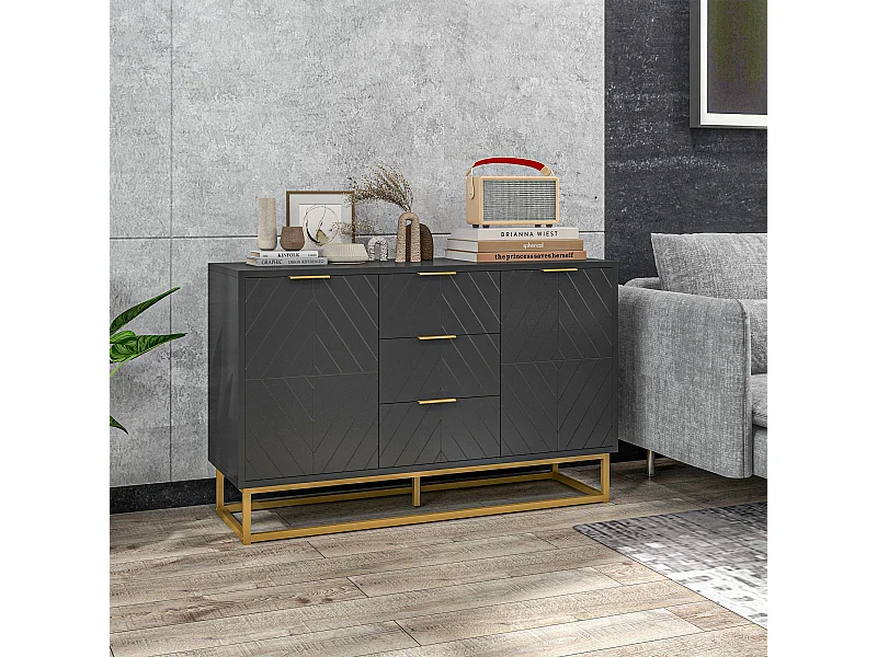 Buffet design contemporain graphique 2 placards porte étagères réglables 3 tiroirs coulissants MDF noir métal doré