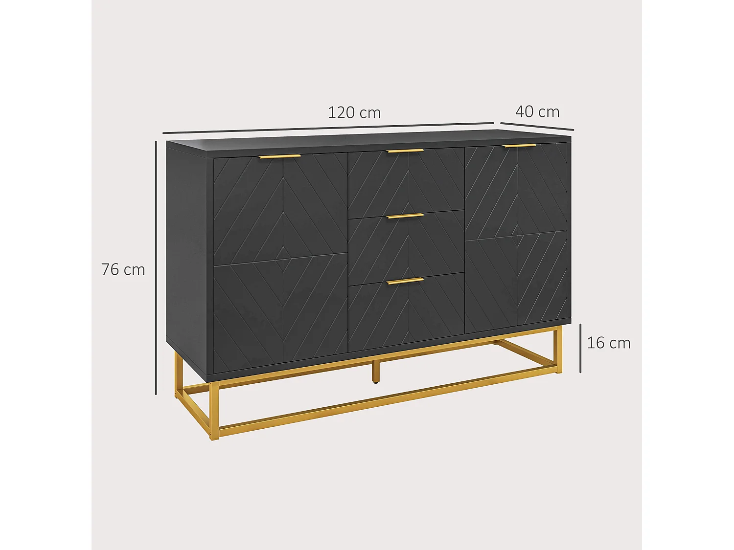 Buffet design contemporain graphique 2 placards porte étagères réglables 3 tiroirs coulissants MDF noir métal doré