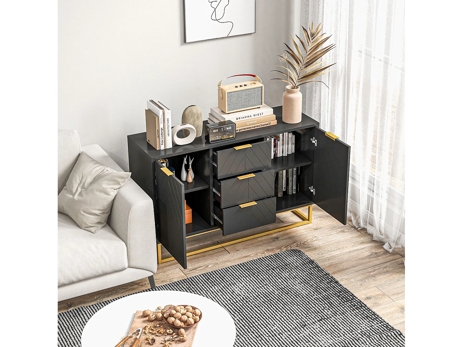 Buffet design contemporain graphique 2 placards porte étagères réglables 3 tiroirs coulissants MDF noir métal doré