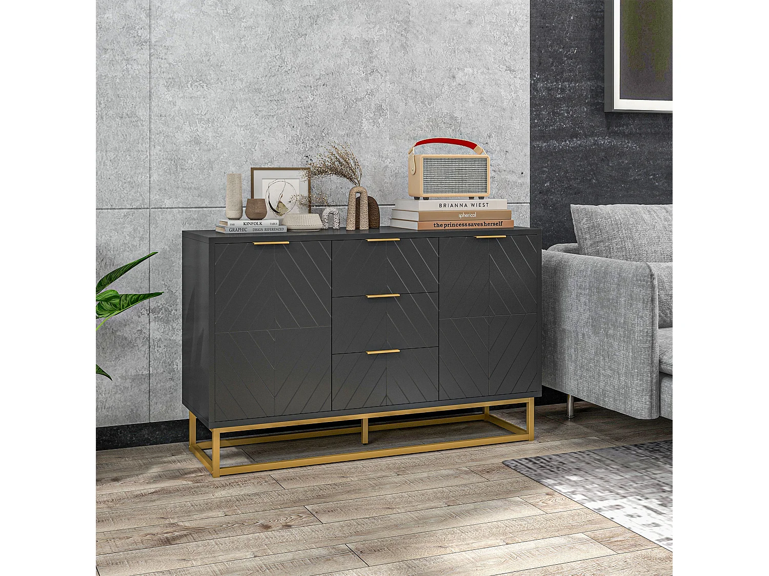 Buffet design contemporain graphique 2 placards porte étagères réglables 3 tiroirs coulissants MDF noir métal doré