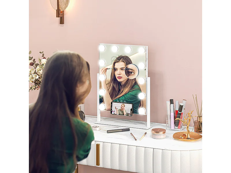 Miroir Hollywood LED rotatif grossissant dim. 36,5 x 45,5 cm 12 ampoules 3 modes luminosité port charge USB
