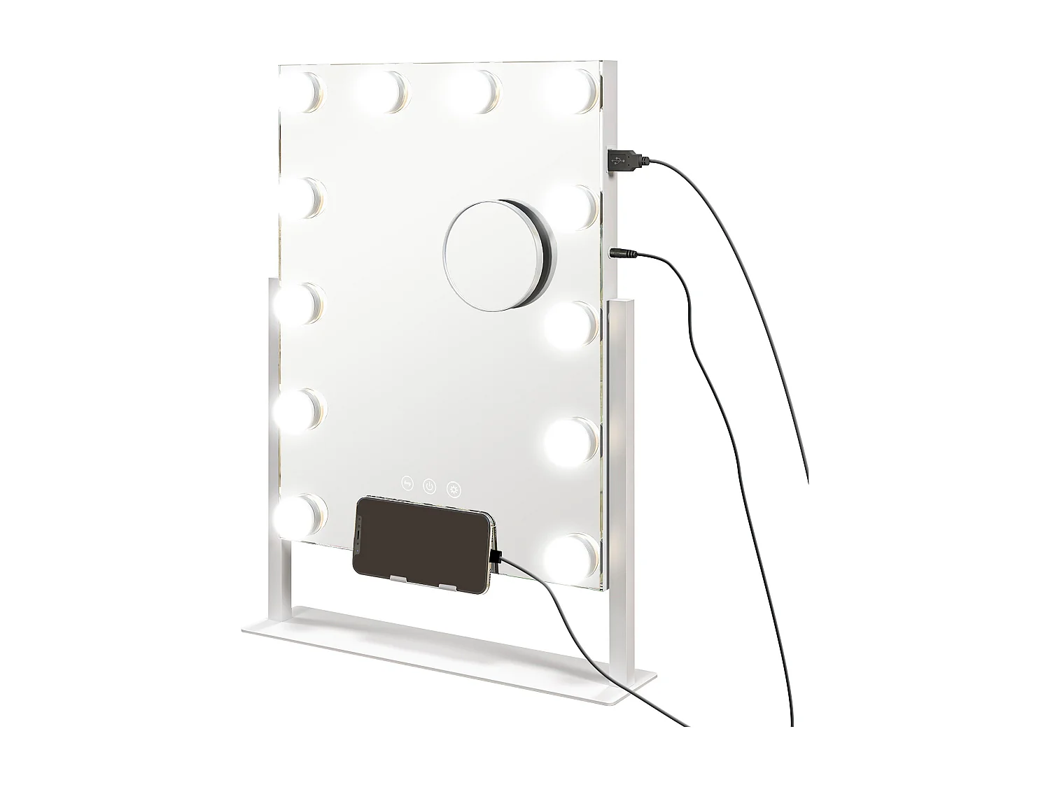 Miroir Hollywood LED rotatif grossissant dim. 36,5 x 45,5 cm 12 ampoules 3 modes luminosité port charge USB