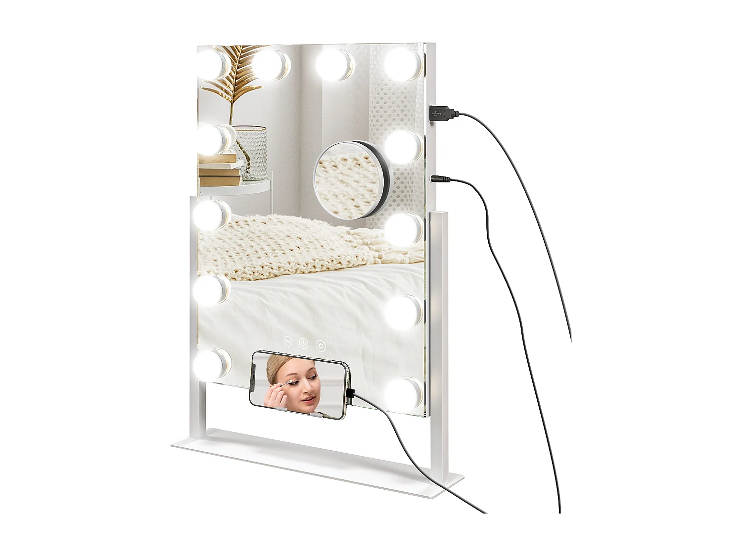Miroir Hollywood LED rotatif grossissant dim. 36,5 x 45,5 cm 12 ampoules 3 modes luminosité port charge USB