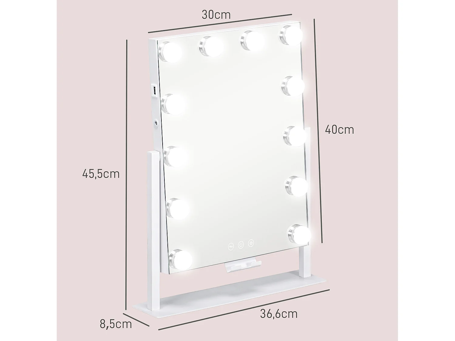 Miroir Hollywood LED rotatif grossissant dim. 36,5 x 45,5 cm 12 ampoules 3 modes luminosité port charge USB