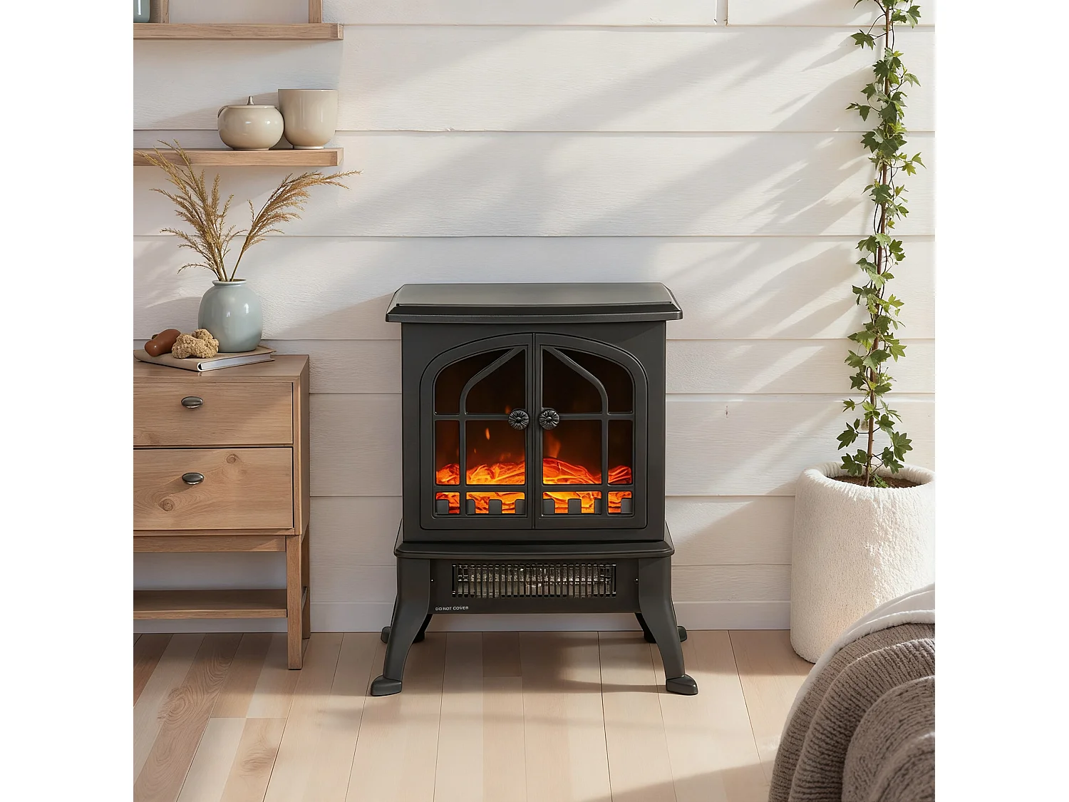 Cheminée électrique poêle style néo-rétro 900-1800W simulation flammes LED 3D plastique verre noir