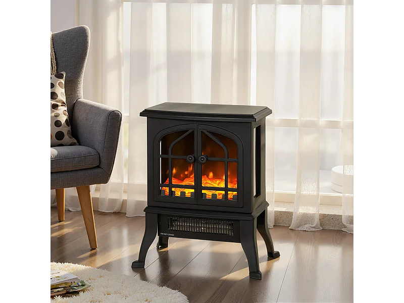 Cheminée électrique poêle style néo-rétro 900-1800W simulation flammes LED 3D plastique verre noir
