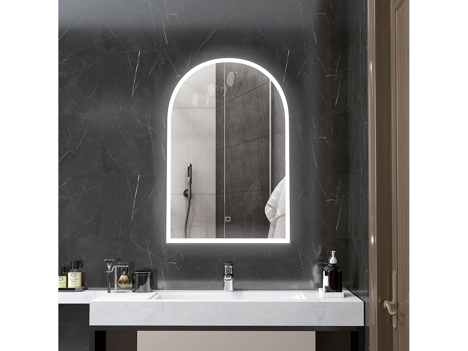 Miroir lumineux LED arqué de salle de bain 90 x 60 cm - tactile, réglable, anti-buée - alu noir