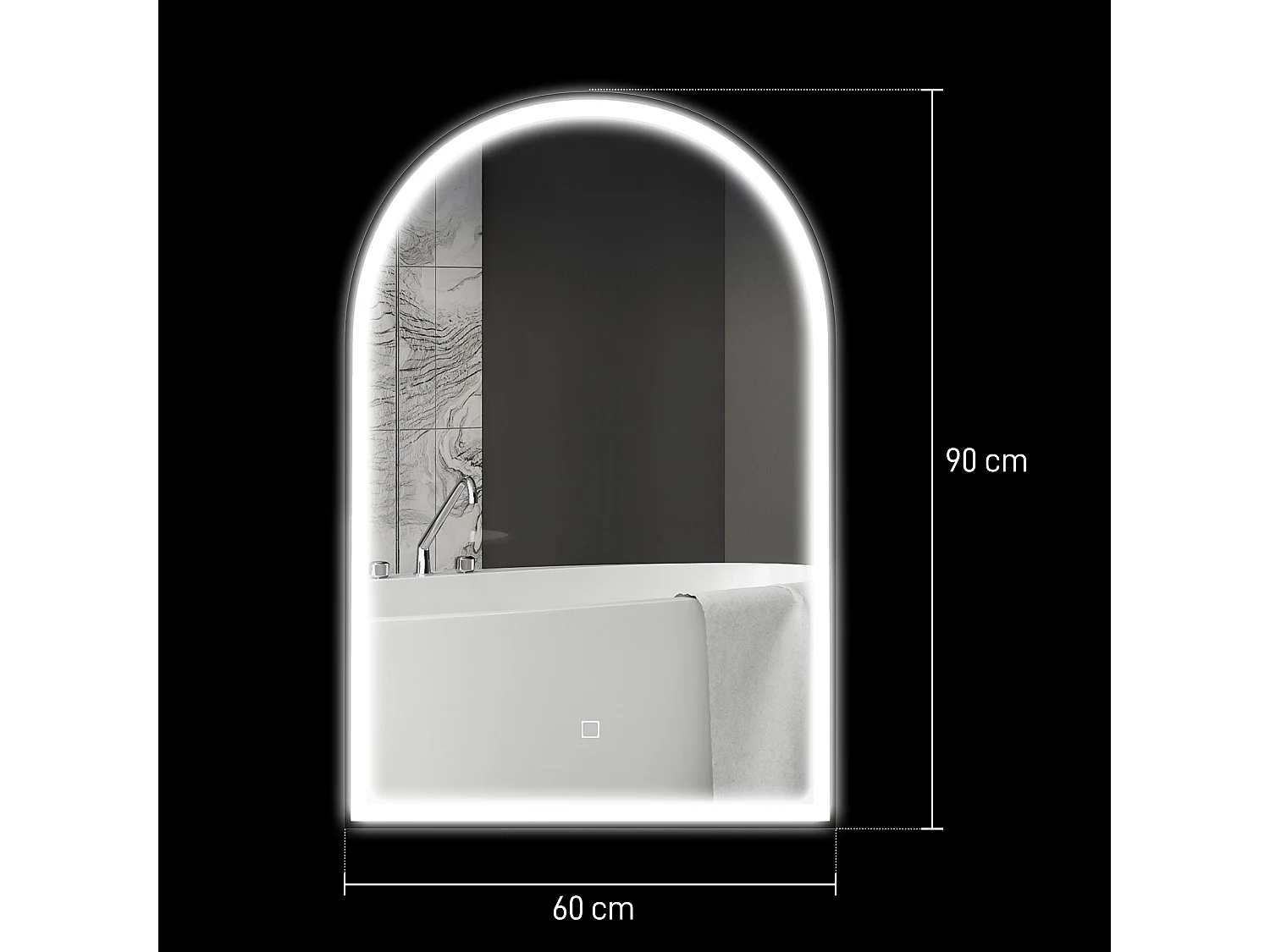 Miroir lumineux LED arqué de salle de bain 90 x 60 cm - tactile, réglable, anti-buée - alu noir