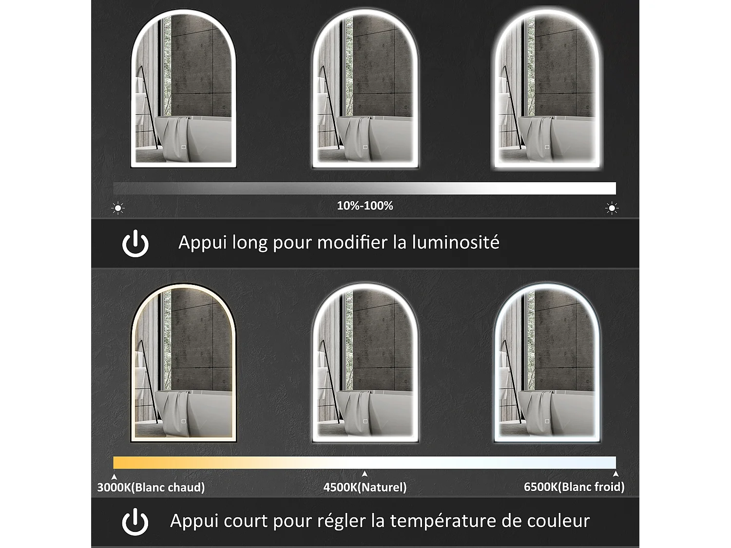 Miroir lumineux LED arqué de salle de bain 90 x 60 cm - tactile, réglable, anti-buée - alu noir