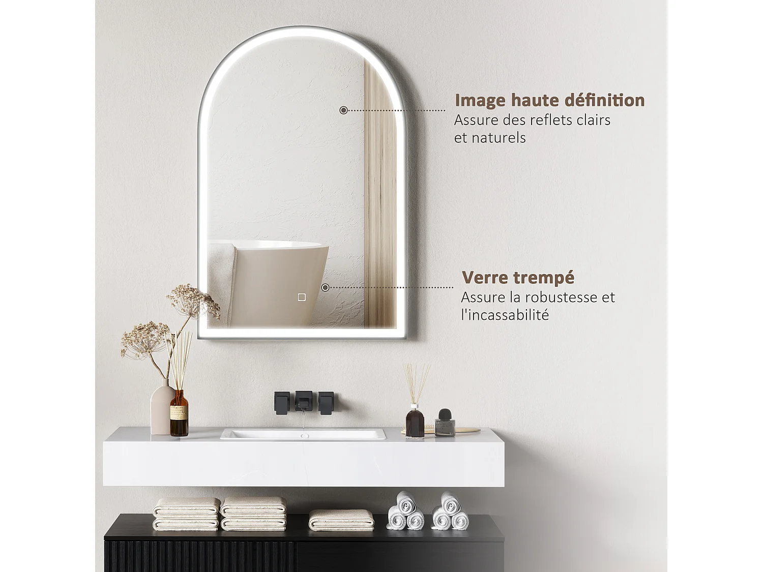 Miroir lumineux LED arqué de salle de bain 90 x 60 cm - tactile, réglable, anti-buée - alu noir