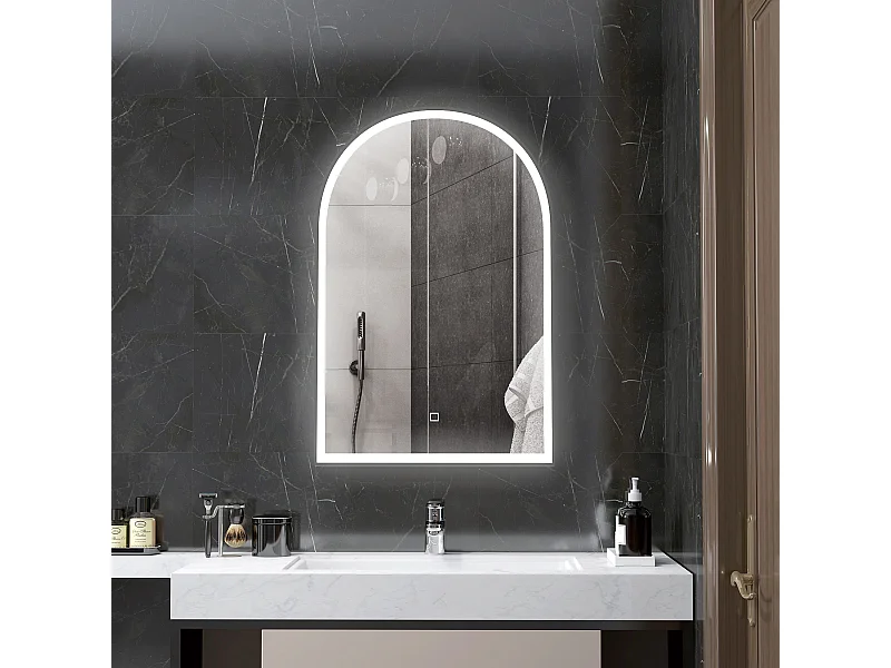Miroir lumineux LED arqué de salle de bain 90 x 60 cm - tactile, réglable, anti-buée - alu noir
