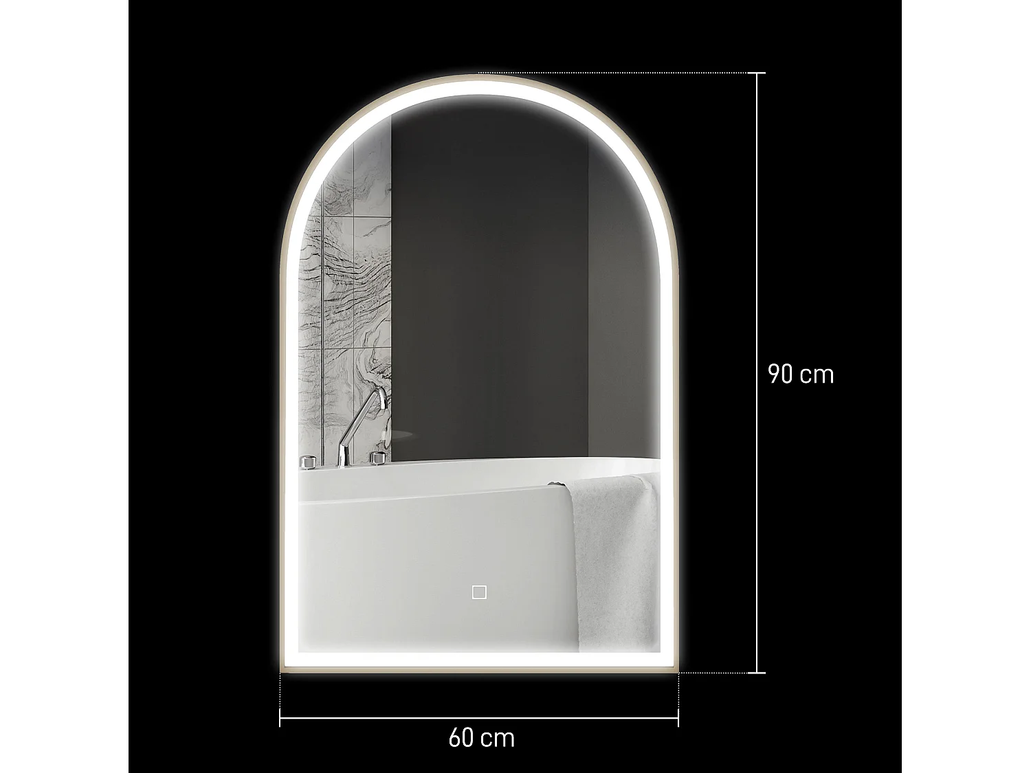 Miroir lumineux LED arqué de salle de bain 90 x 60 cm - tactile, réglable, anti-buée - alu doré