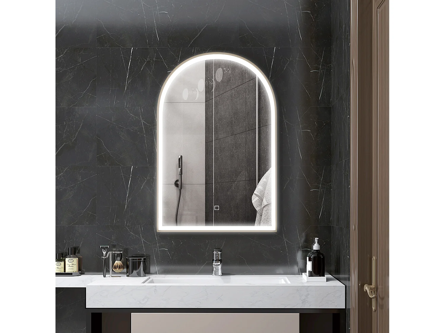Miroir lumineux LED arqué de salle de bain 90 x 60 cm - tactile, réglable, anti-buée - alu doré