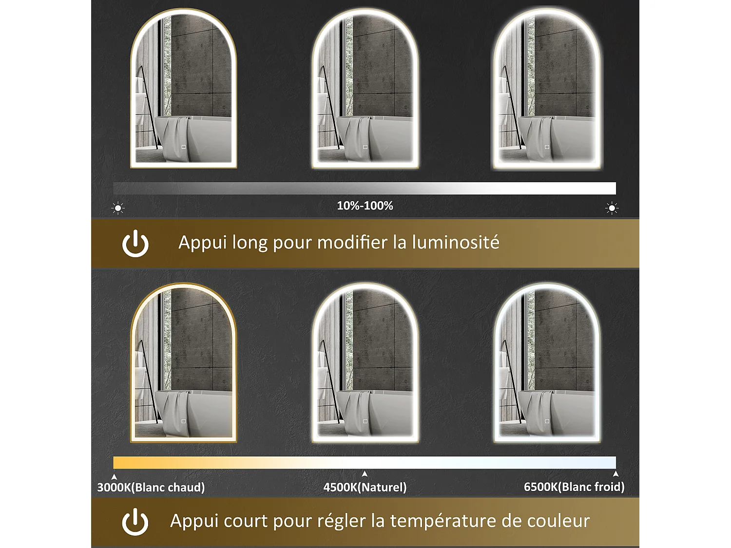 Miroir lumineux LED arqué de salle de bain 90 x 60 cm - tactile, réglable, anti-buée - alu doré