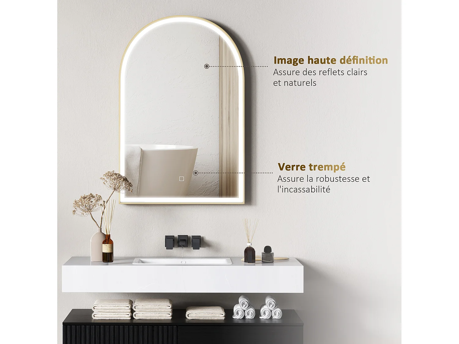 Miroir lumineux LED arqué de salle de bain 90 x 60 cm - tactile, réglable, anti-buée - alu doré