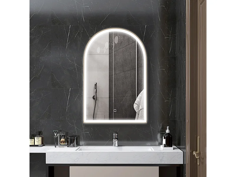 Miroir lumineux LED arqué de salle de bain 90 x 60 cm - tactile, réglable, anti-buée - alu doré