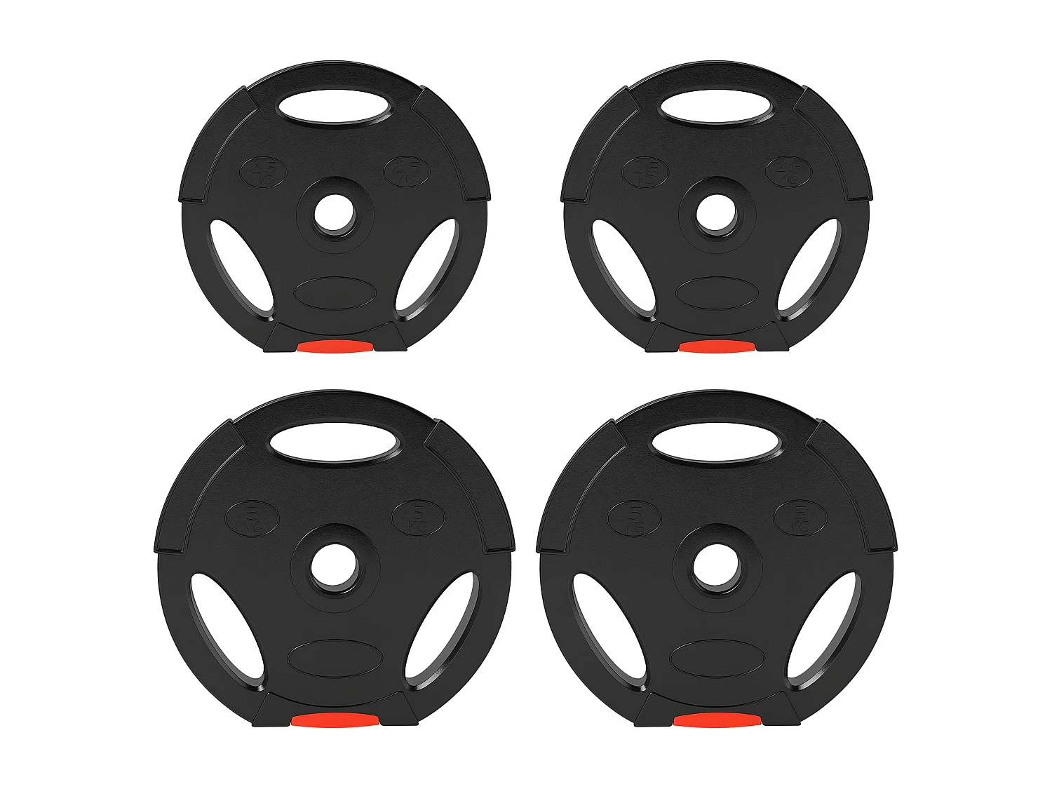 Disques de poids 2 x 5Kg + 2 x 2,5Kg - 3 poignées - trous de Ø25 mm - revêtement PP noir