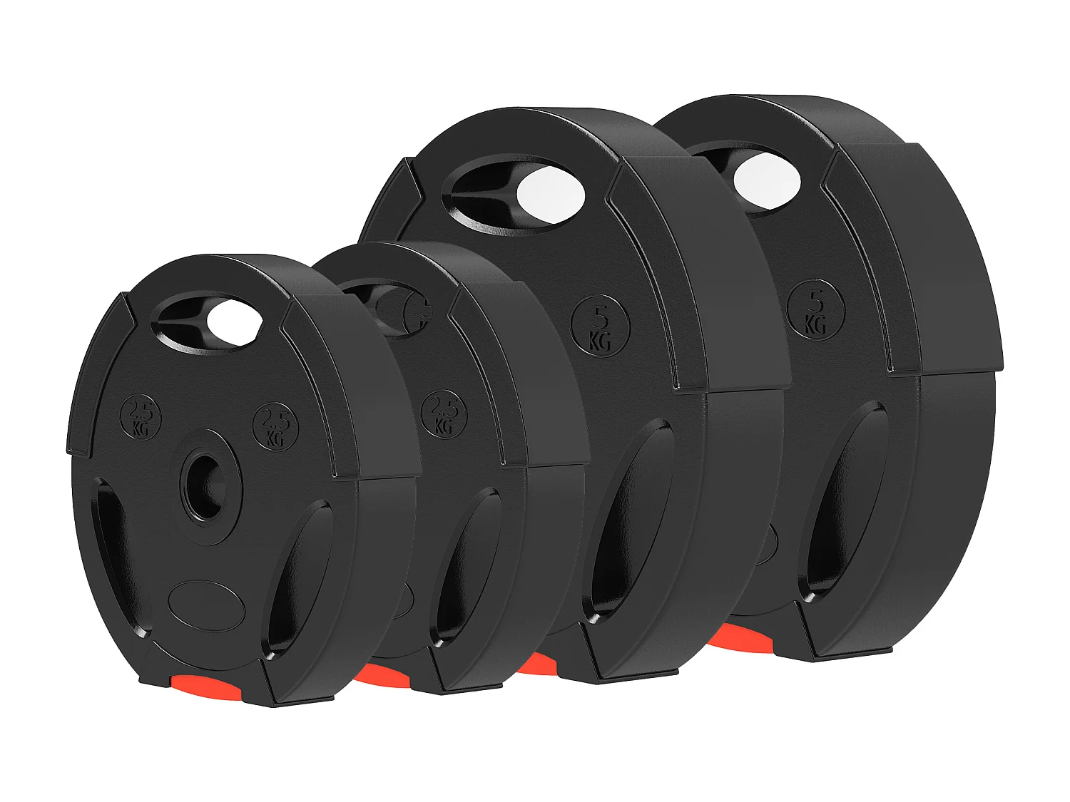 Disques de poids 2 x 5Kg + 2 x 2,5Kg - 3 poignées - trous de Ø25 mm - revêtement PP noir