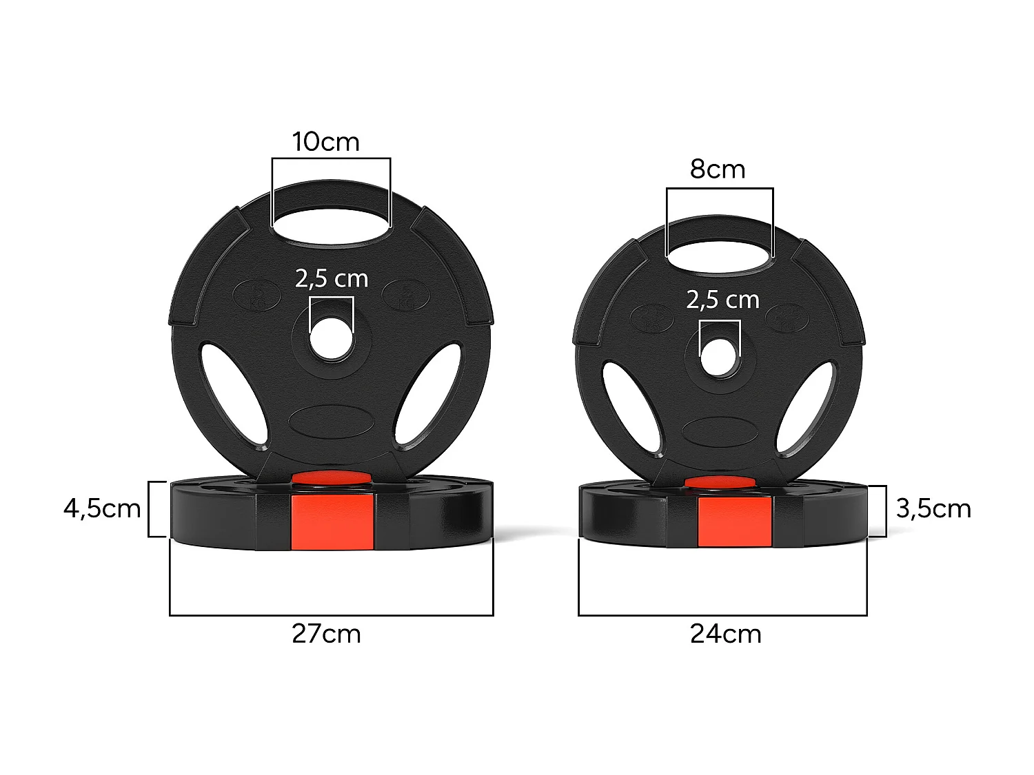 Disques de poids 2 x 5Kg + 2 x 2,5Kg - 3 poignées - trous de Ø25 mm - revêtement PP noir