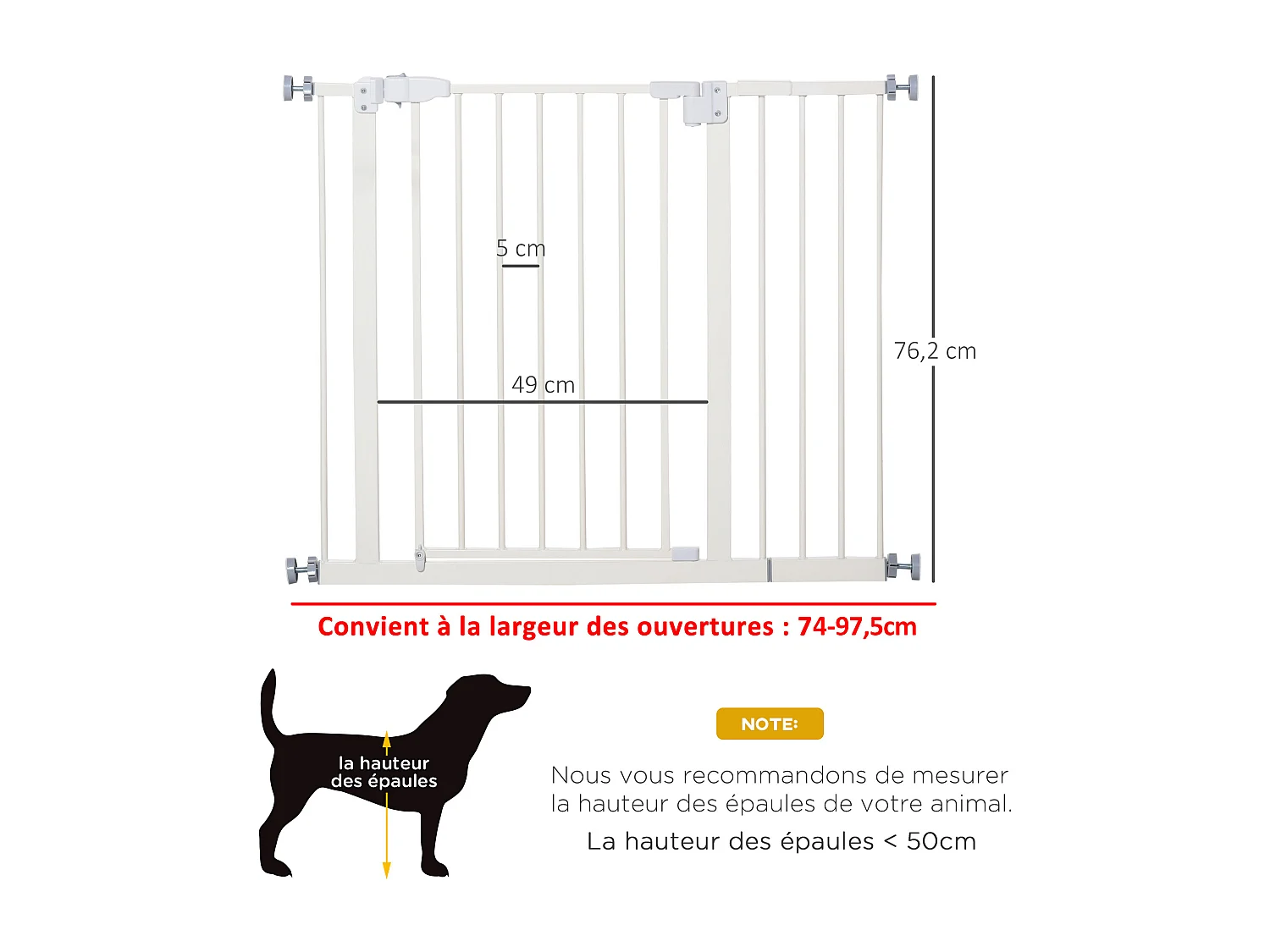 Barrière de sécurité animaux - longueur réglable dim. 74-97,5 cm - porte double verrouillage, ouverture double sens -sans perçage - acier plastique blanc