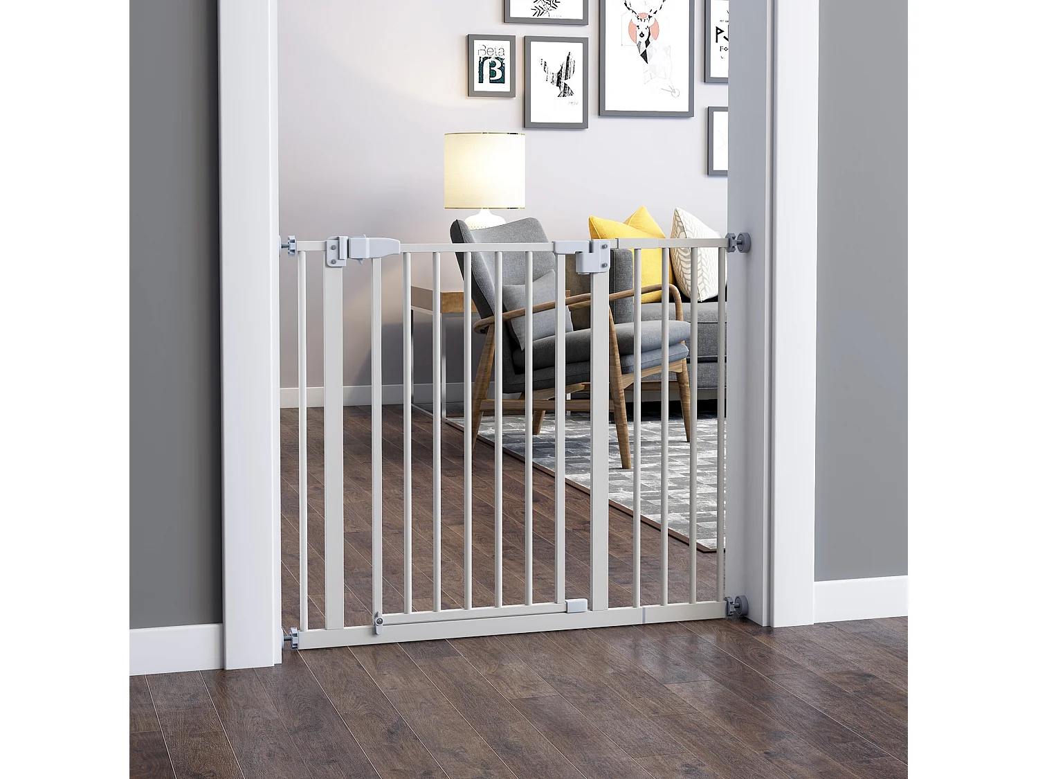 Barrière de sécurité animaux - longueur réglable dim. 74-97,5 cm - porte double verrouillage, ouverture double sens -sans perçage - acier plastique blanc