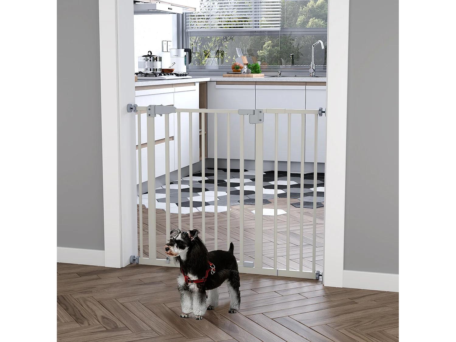 Barrière de sécurité animaux - longueur réglable dim. 74-97,5 cm - porte double verrouillage, ouverture double sens -sans perçage - acier plastique blanc