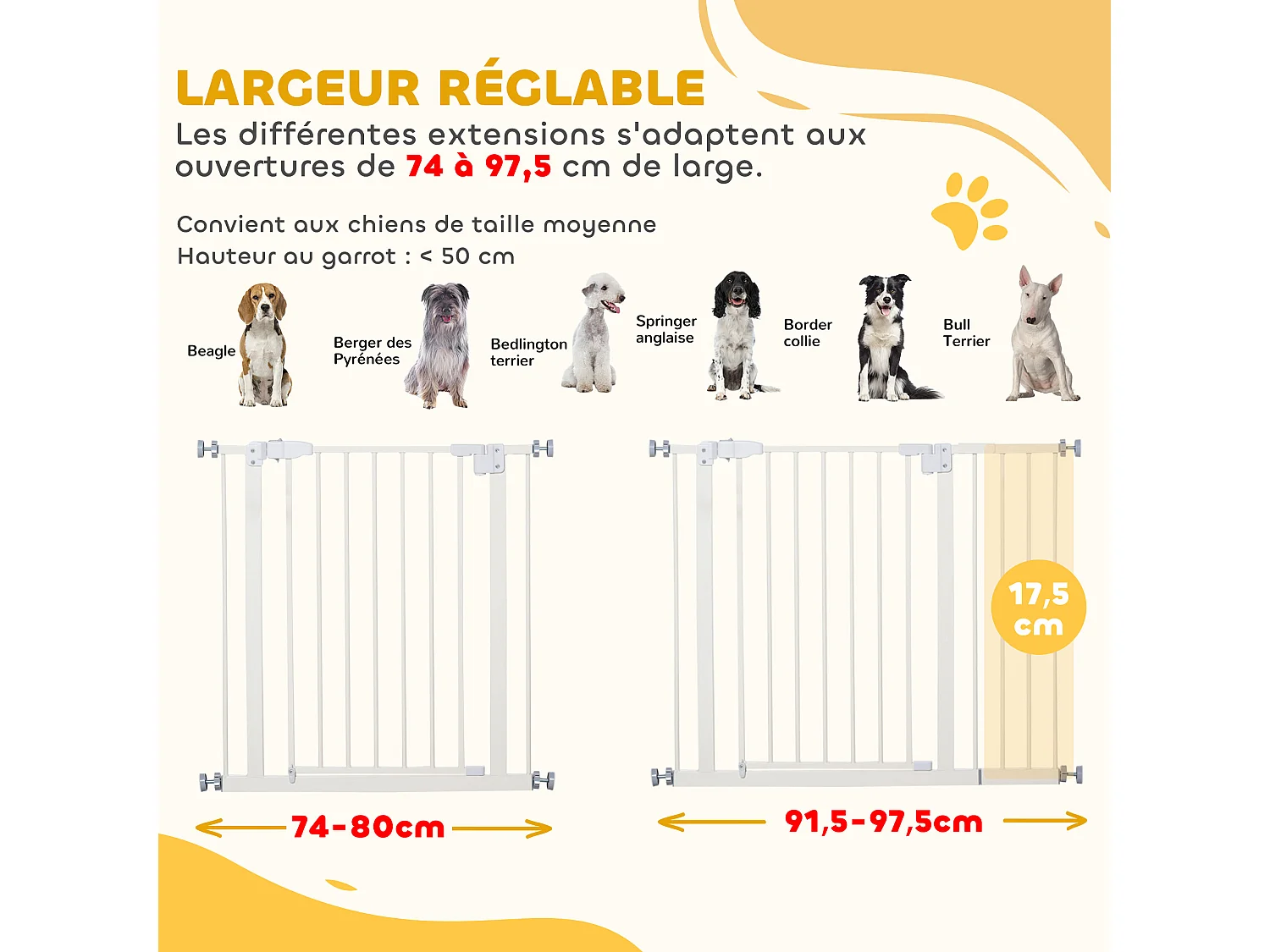 Barrière de sécurité animaux - longueur réglable dim. 74-97,5 cm - porte double verrouillage, ouverture double sens -sans perçage - acier plastique blanc