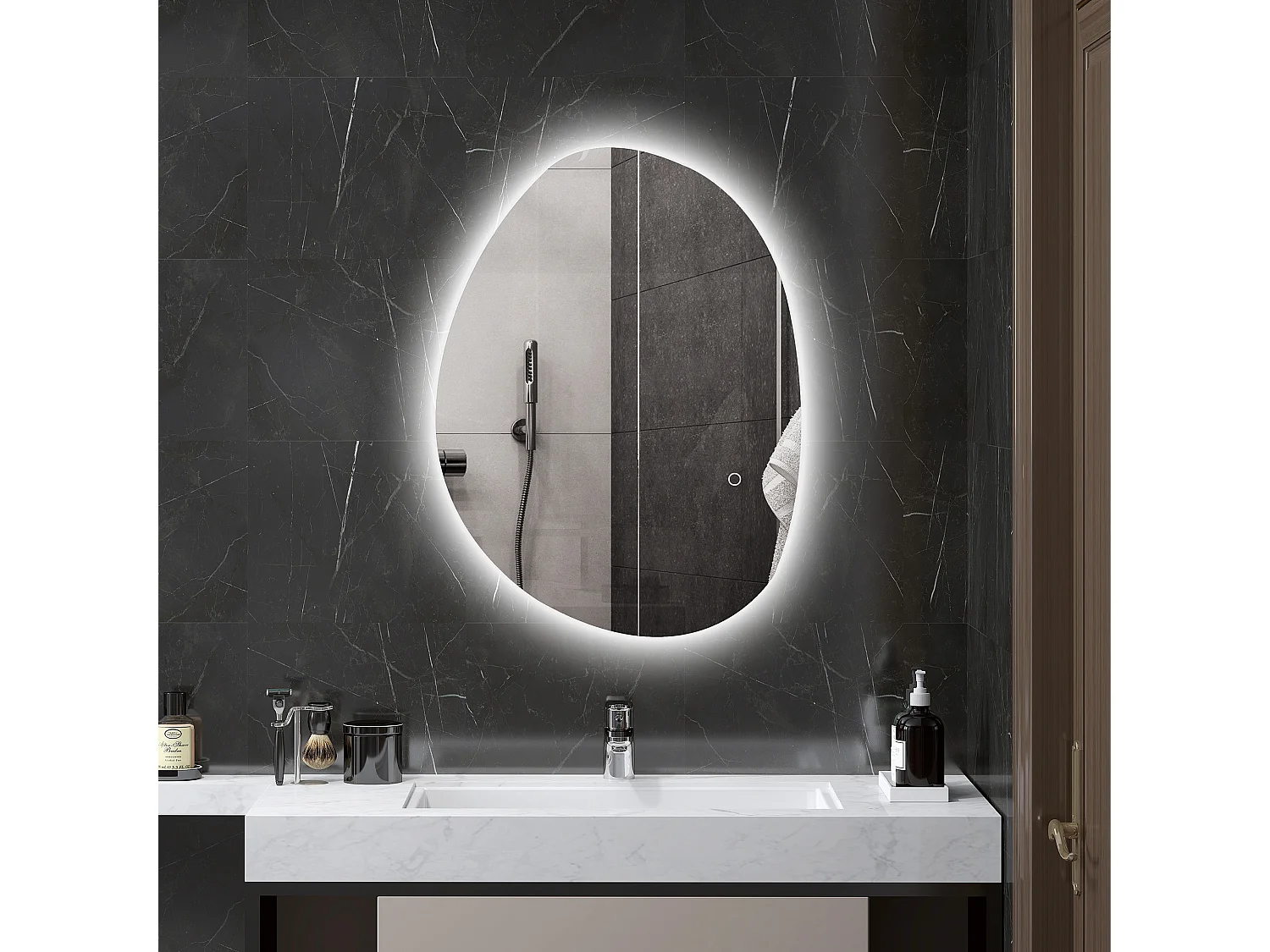 Miroir salle de bain design avec éclairage LED - miroir asymétrique 70 x 50 cm - tactile, réglable, anti-buée - verre trempé