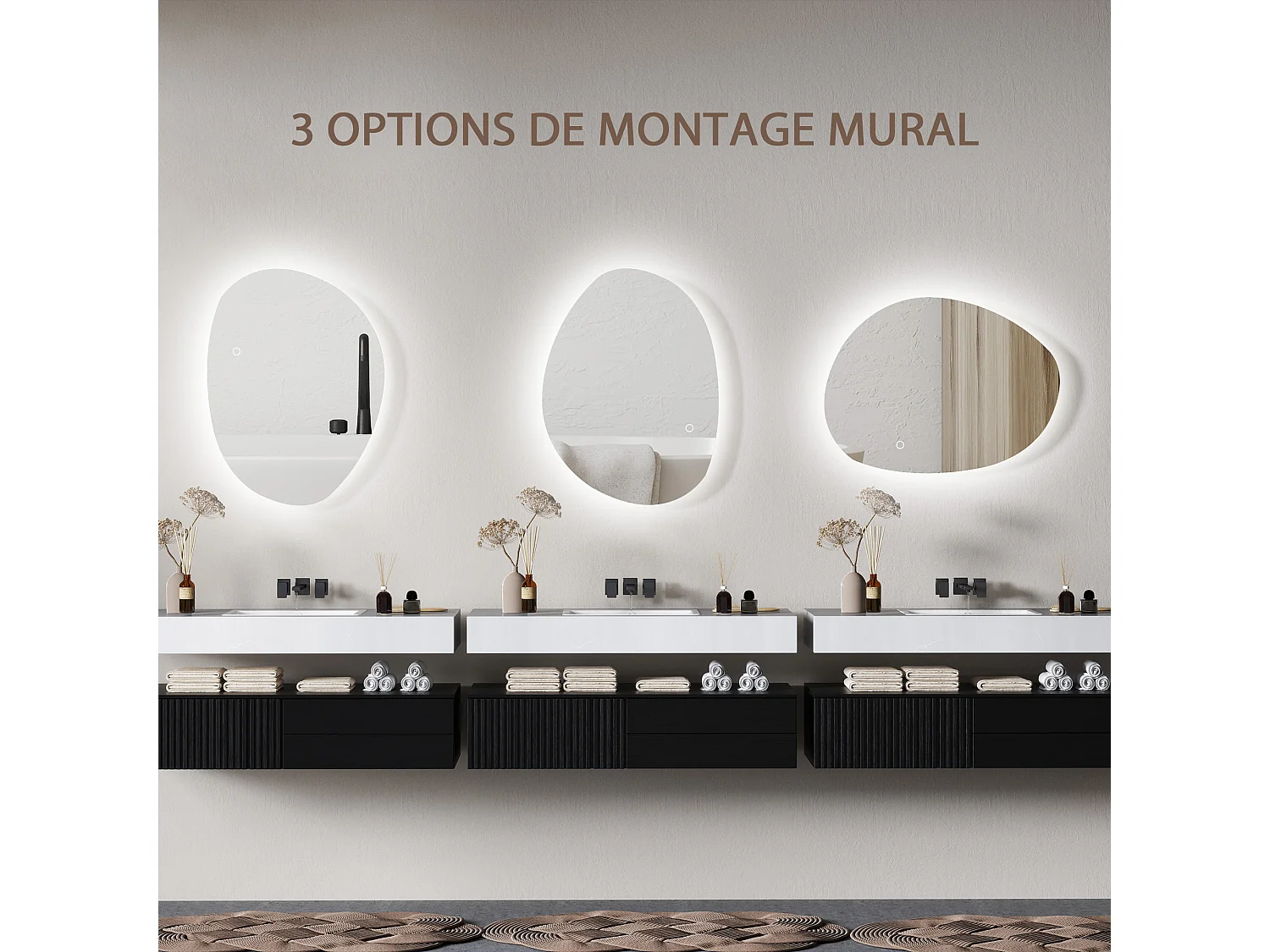 Miroir salle de bain design avec éclairage LED - miroir asymétrique 70 x 50 cm - tactile, réglable, anti-buée - verre trempé