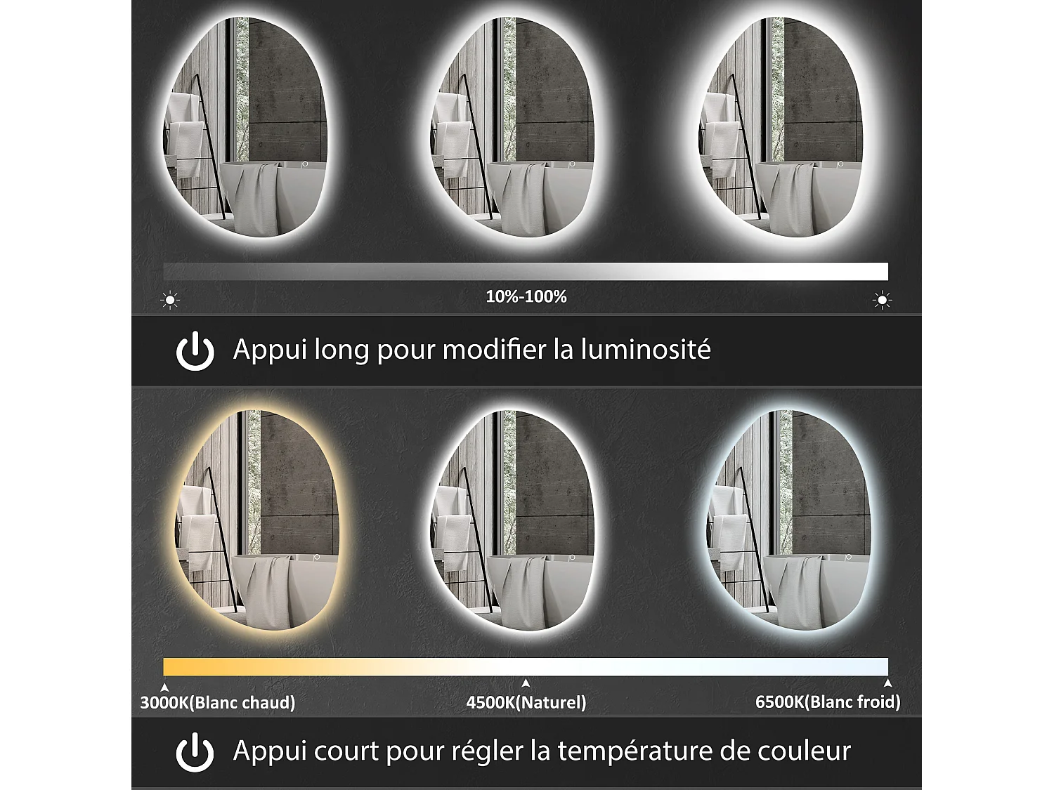 Miroir salle de bain design avec éclairage LED - miroir asymétrique 70 x 50 cm - tactile, réglable, anti-buée - verre trempé
