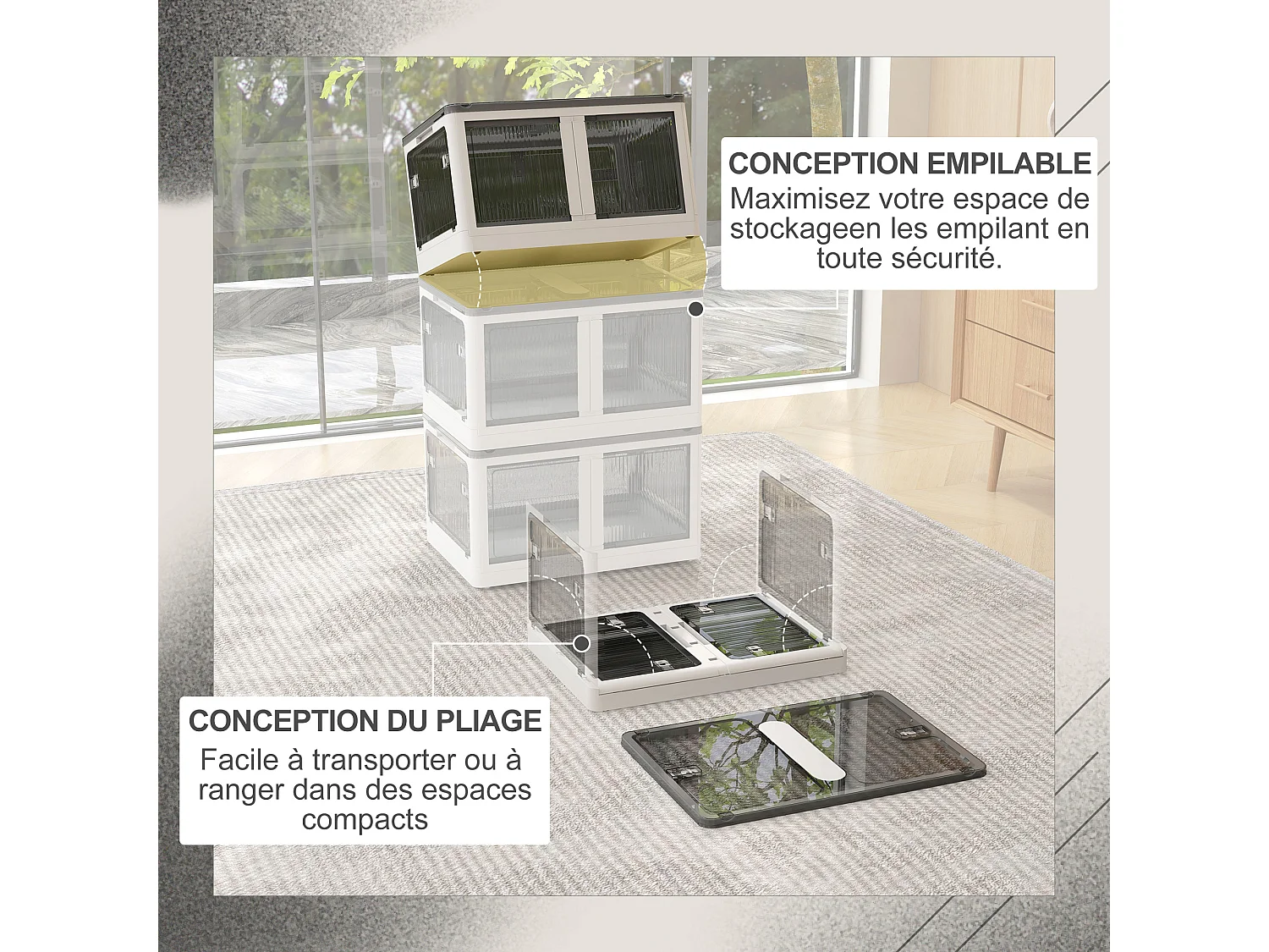 Boîte de rangement plastique 99L pliable empilable couvercle 4 roulettes accès 5 côtés blanc gris