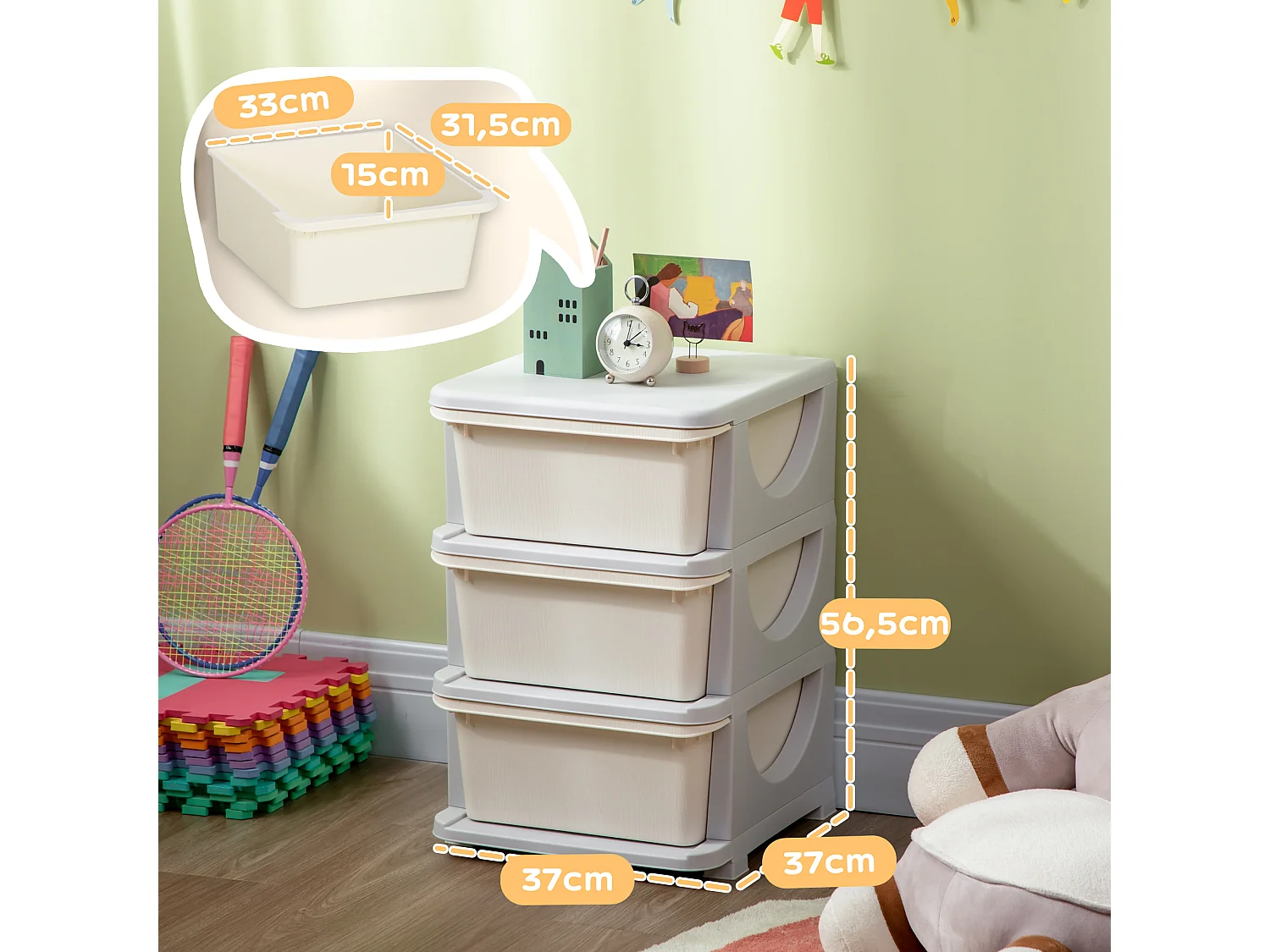 Organisateur de jouets enfant 3 tiroirs - boîtes de rangement plastique - PP gris clair crème