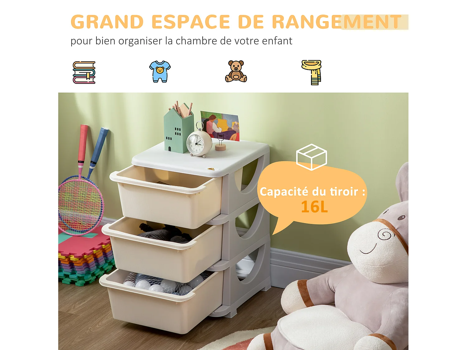 Organisateur de jouets enfant 3 tiroirs - boîtes de rangement plastique - PP gris clair crème