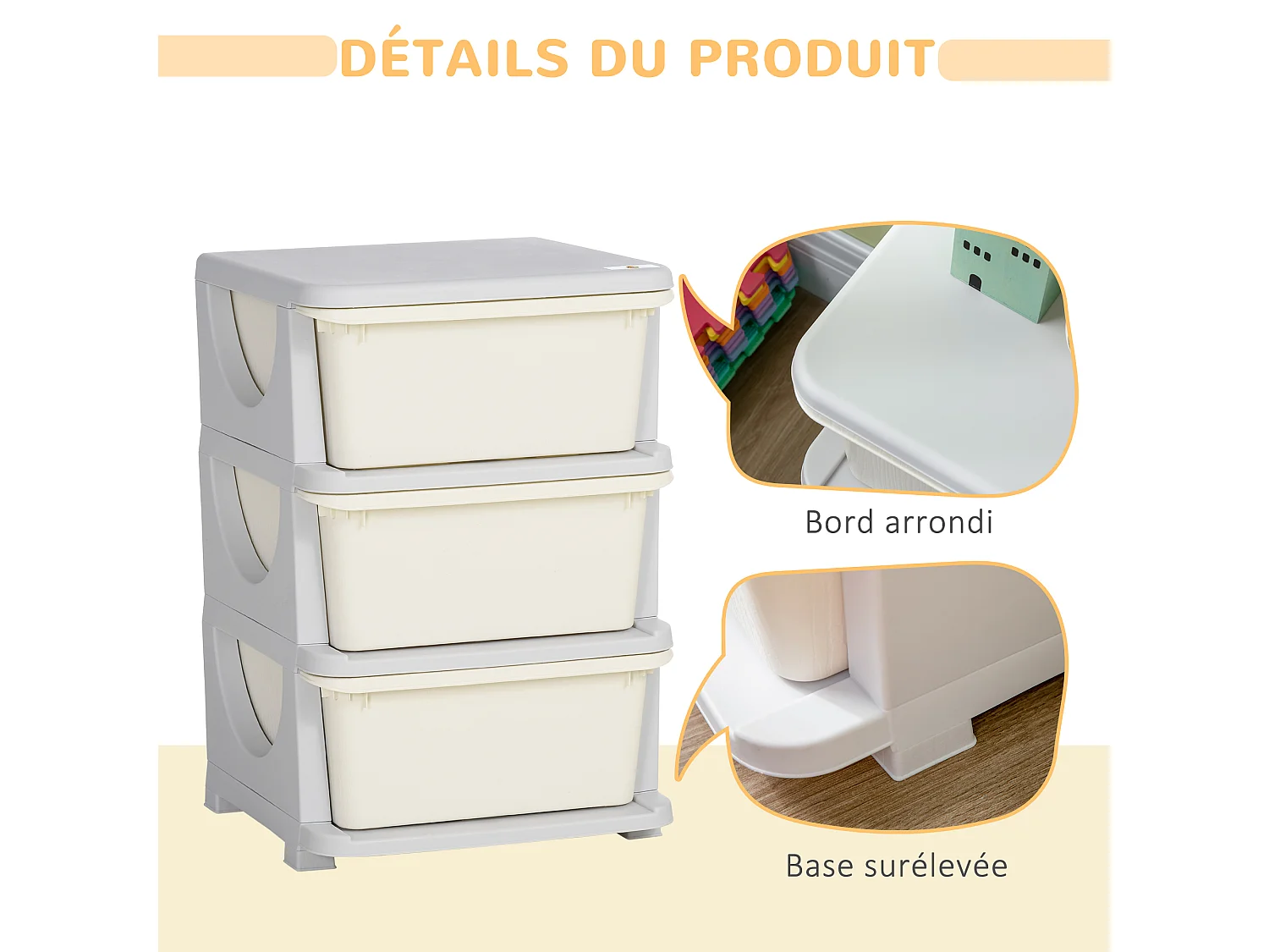 Organisateur de jouets enfant 3 tiroirs - boîtes de rangement plastique - PP gris clair crème