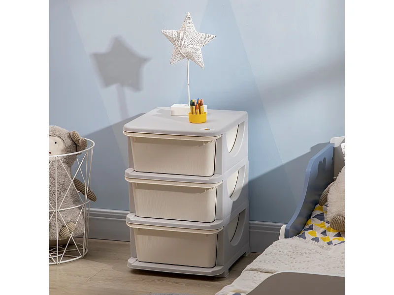 Organisateur de jouets enfant 3 tiroirs - boîtes de rangement plastique - PP gris clair crème