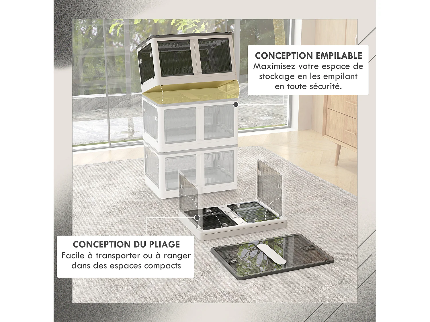 Boîte de rangement plastique 69L pliable empilable couvercle 4 roulettes accès 5 côtés blanc gris