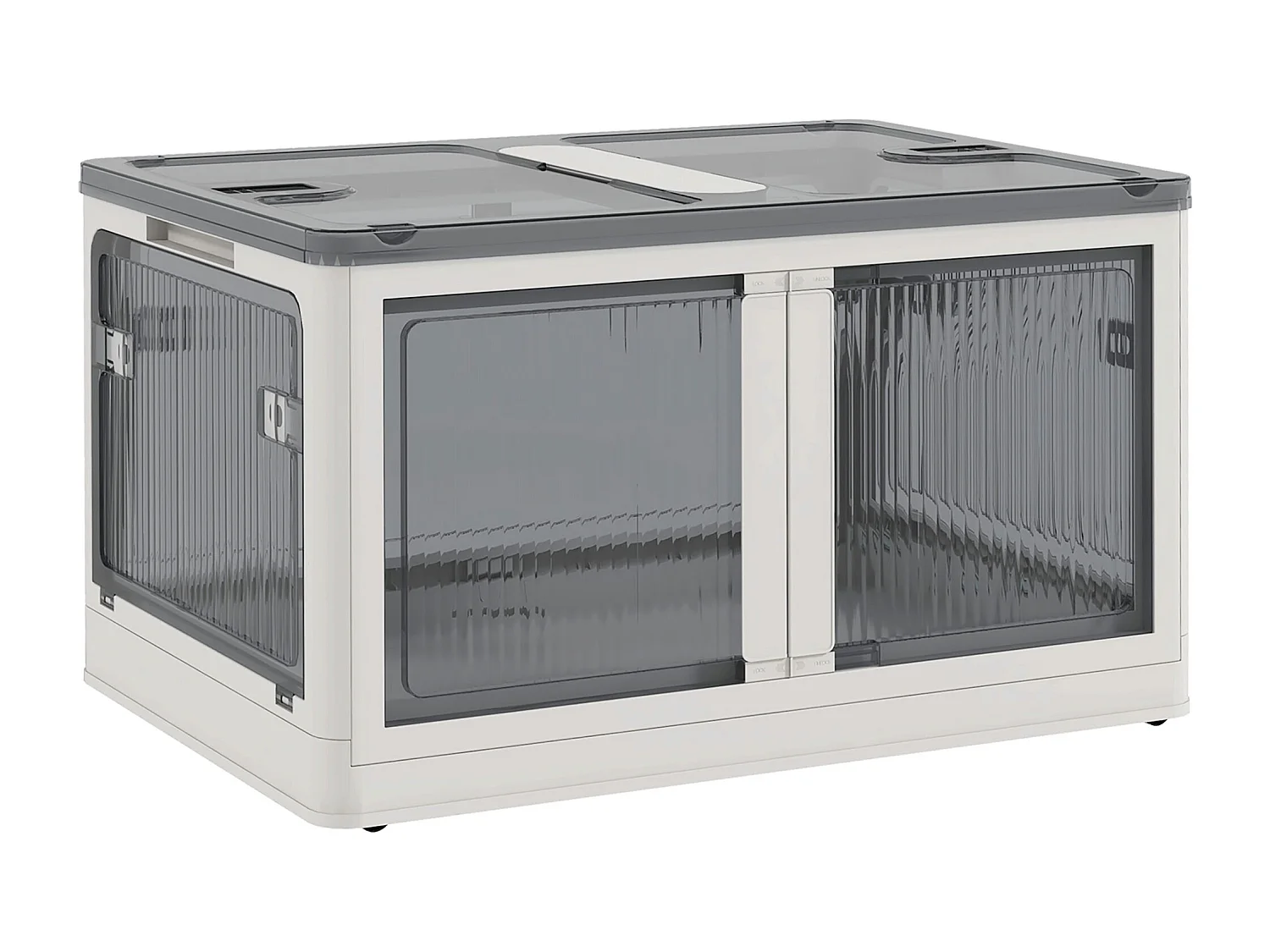 Boîte de rangement plastique 69L pliable empilable couvercle 4 roulettes accès 5 côtés blanc gris