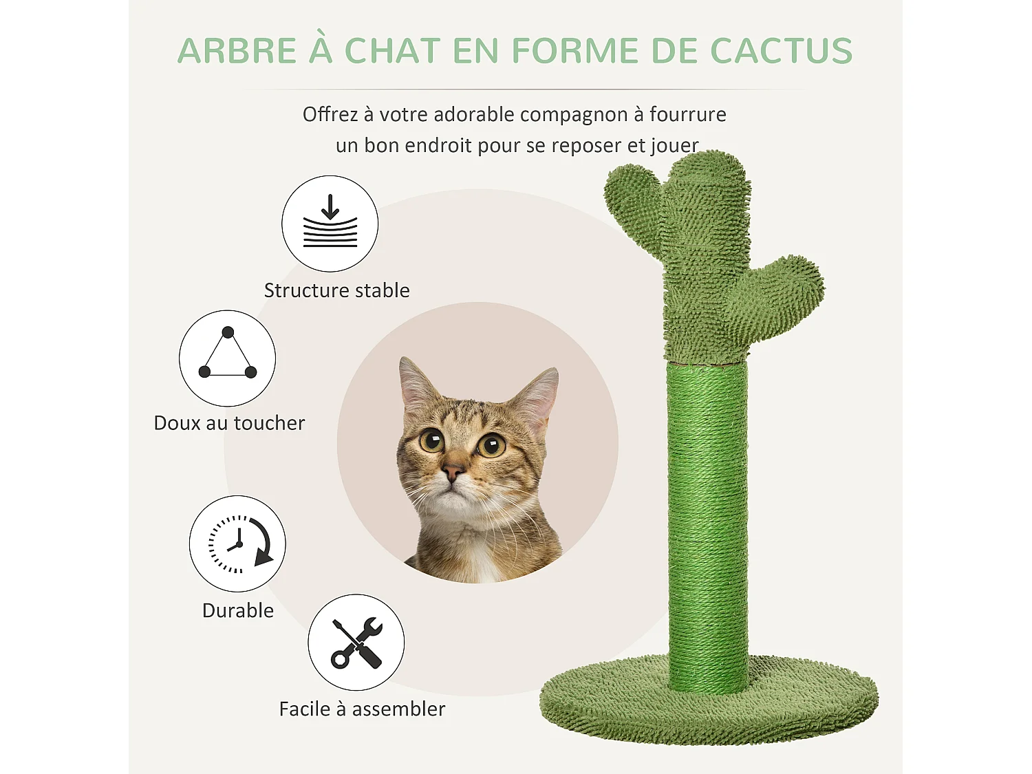 Griffoir chat design cactus H.65 cm sisal polyester vert