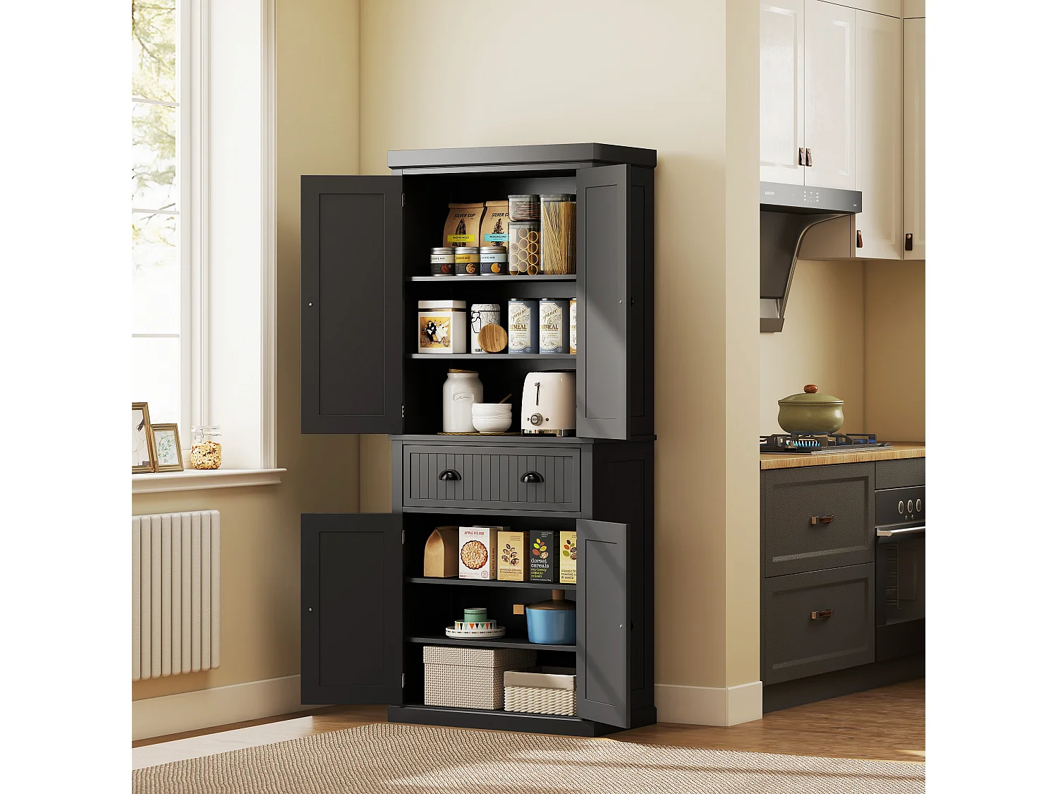 Buffet haut multi-rangement - 4 portes, grand tiroir - dim. 76L x 40l x 183H cm - panneaux MDF noir