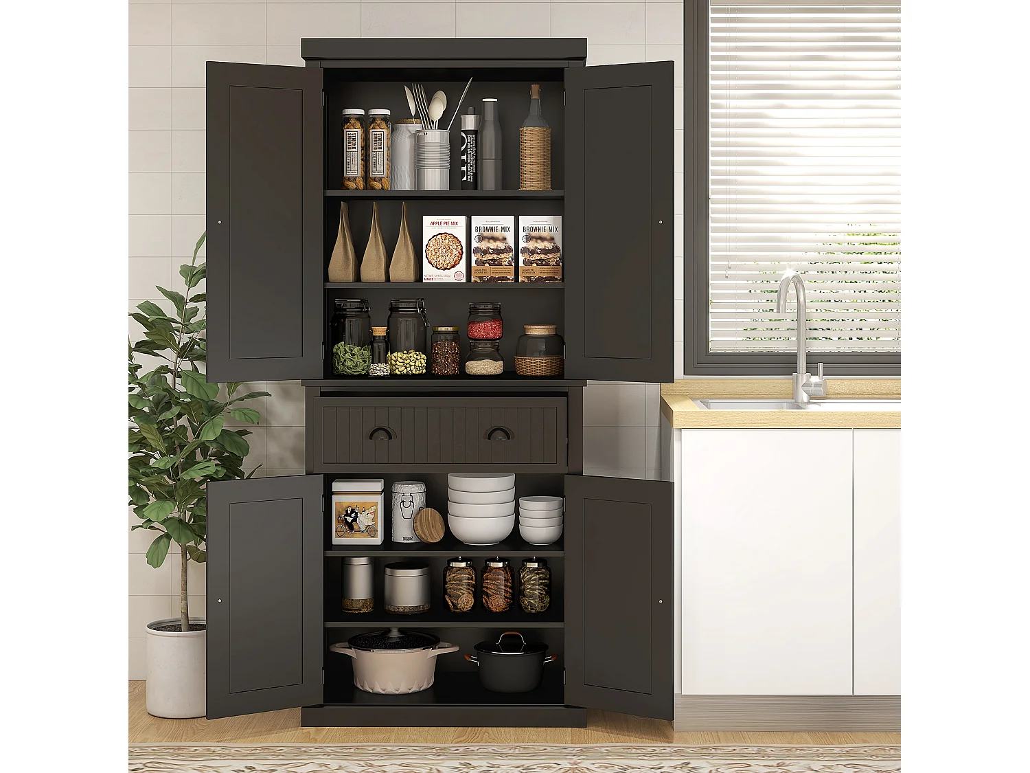 Buffet haut multi-rangement - 4 portes, grand tiroir - dim. 76L x 40l x 183H cm - panneaux MDF noir