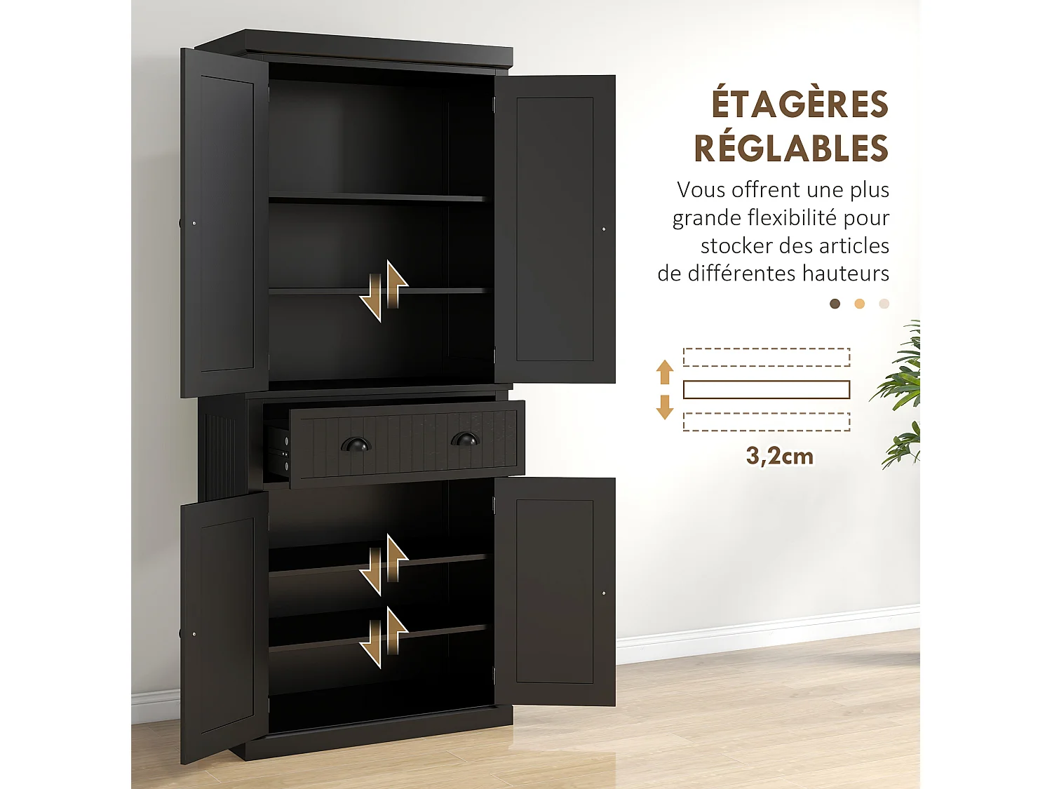 Buffet haut multi-rangement - 4 portes, grand tiroir - dim. 76L x 40l x 183H cm - panneaux MDF noir