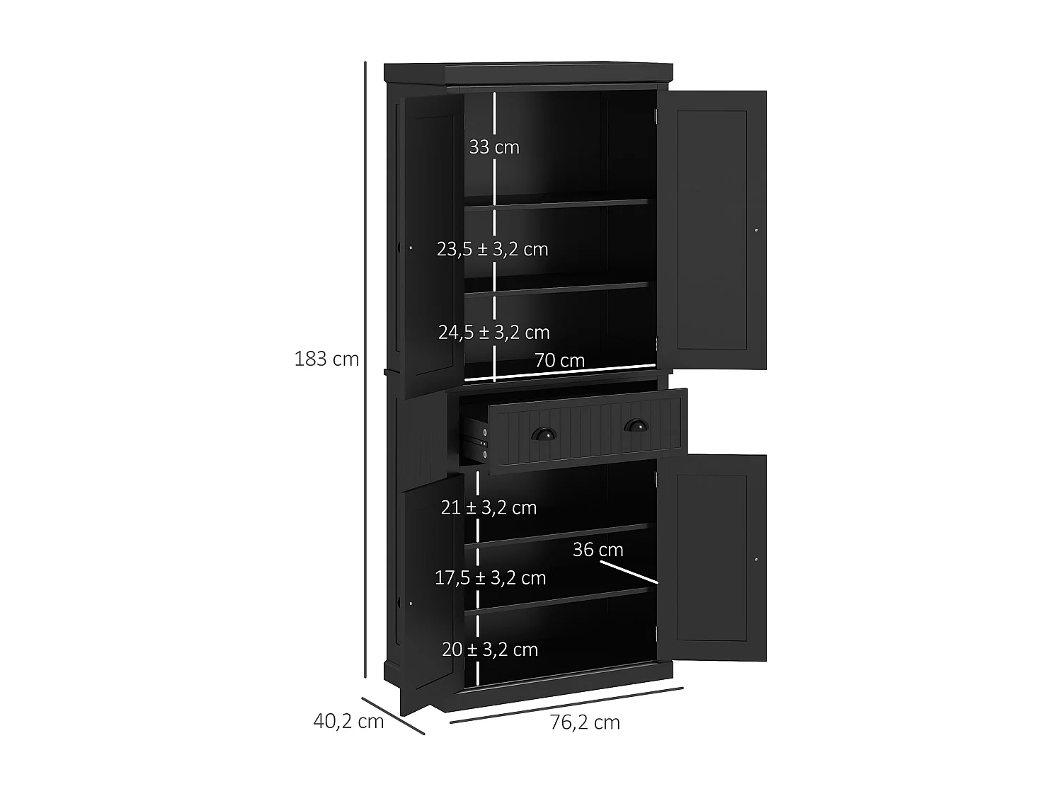 Buffet haut multi-rangement - 4 portes, grand tiroir - dim. 76L x 40l x 183H cm - panneaux MDF noir