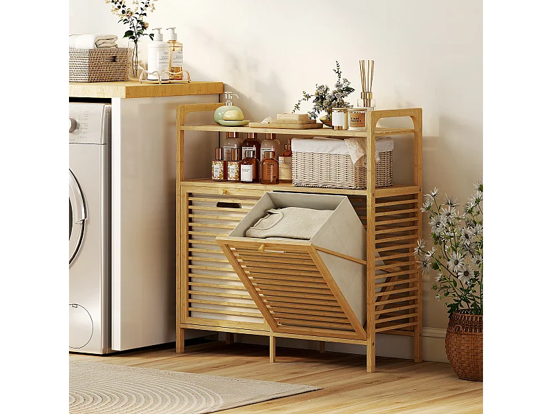 Meuble salle de bain avec panier à linge, en bambou avec 2 paniers en tissu amovibles et 2 étagères, corbeille à linge, 82x33x88cm, bois naturel