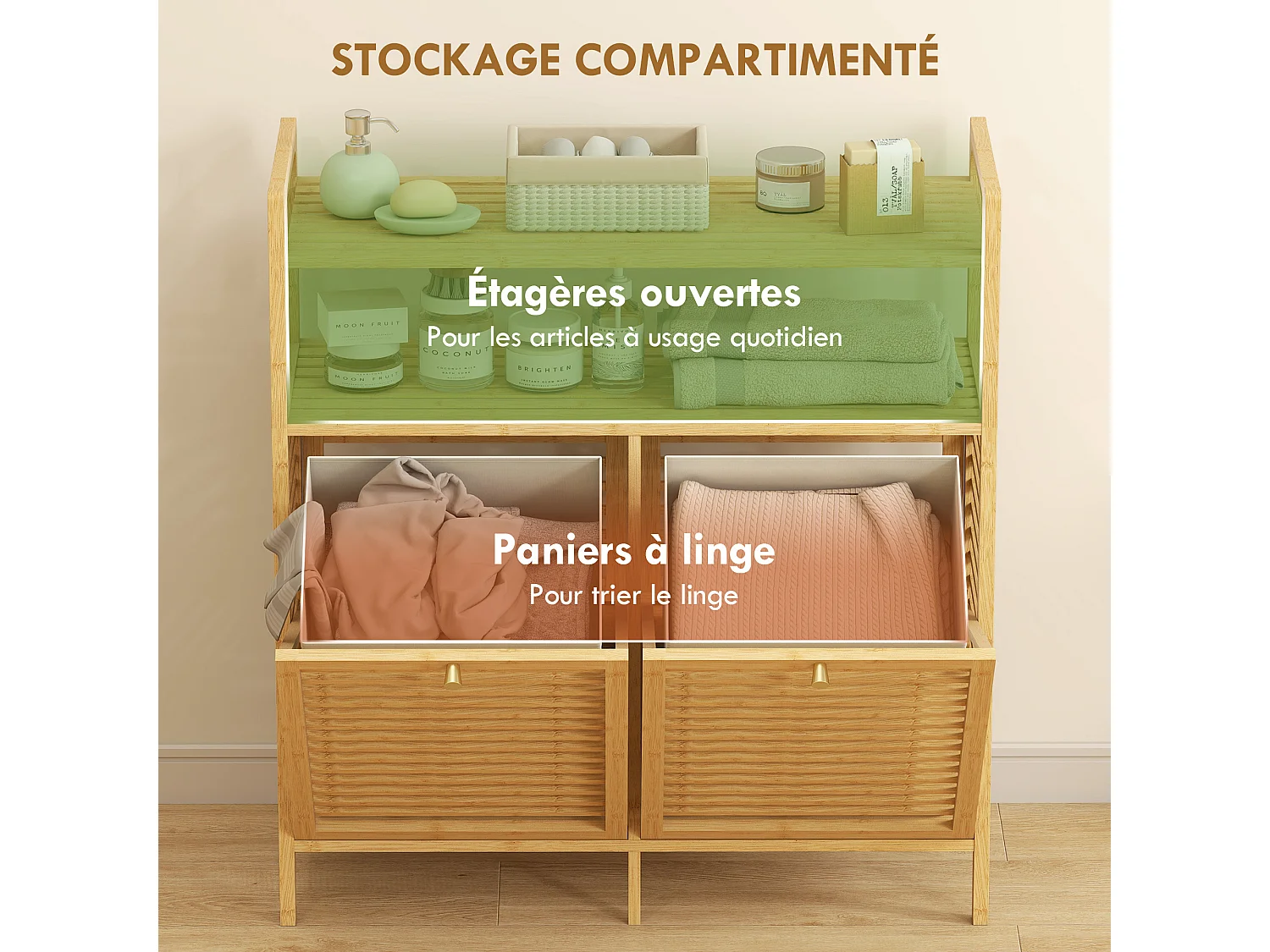 Meuble salle de bain avec panier à linge, en bambou avec 2 paniers en tissu amovibles et 2 étagères, corbeille à linge, 82x33x88cm, bois naturel