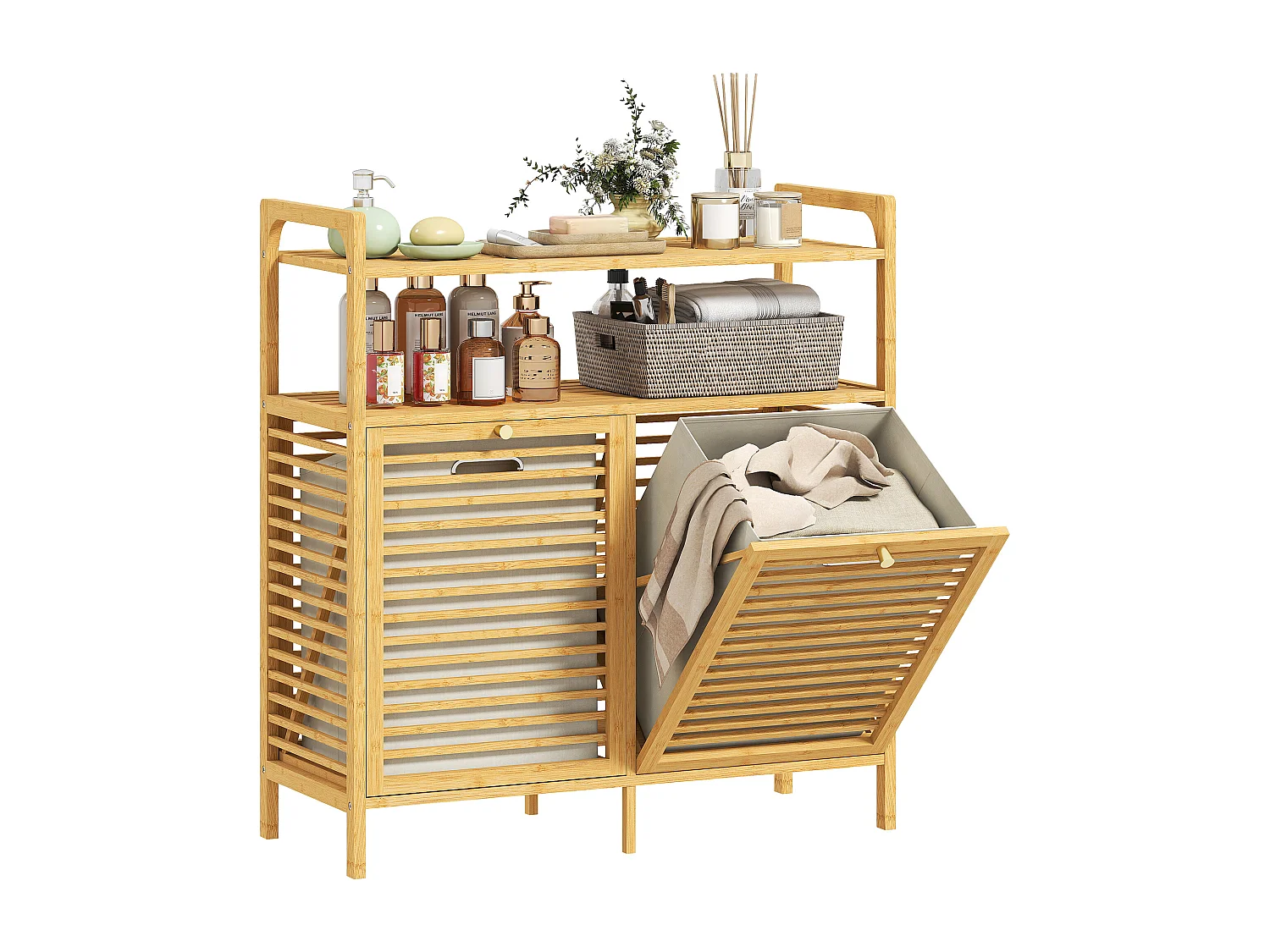 Meuble salle de bain avec panier à linge, en bambou avec 2 paniers en tissu amovibles et 2 étagères, corbeille à linge, 82x33x88cm, bois naturel