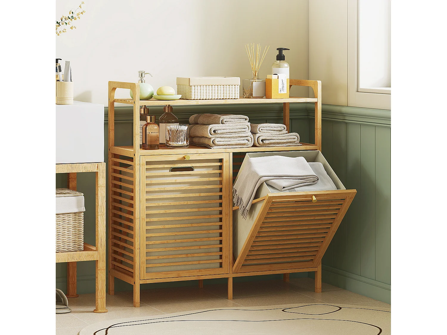 Meuble salle de bain avec panier à linge, en bambou avec 2 paniers en tissu amovibles et 2 étagères, corbeille à linge, 82x33x88cm, bois naturel