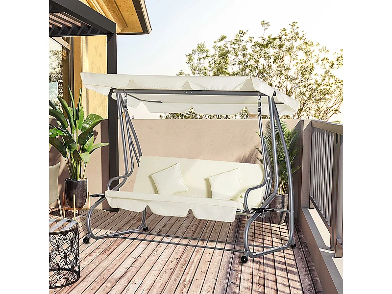 Balancelle de jardin 3 places convertible toit inclinaison réglable 2 tablettes support acier époxy gris polyester crème