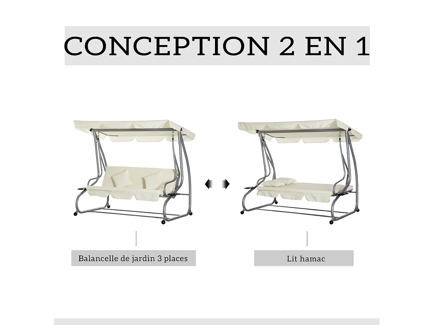Balancelle de jardin 3 places convertible toit inclinaison réglable 2 tablettes support acier époxy gris polyester crème