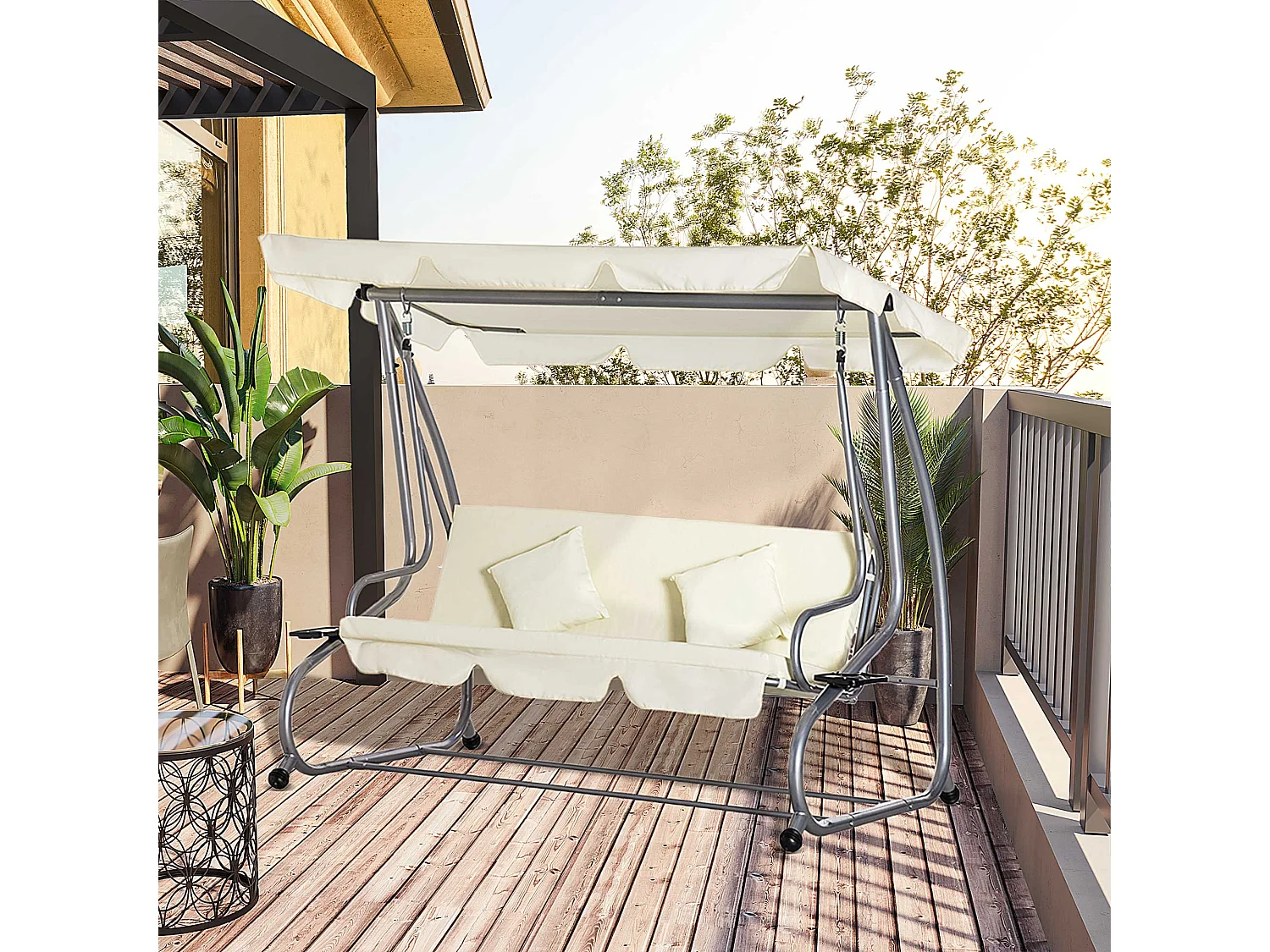 Balancelle de jardin 3 places convertible toit inclinaison réglable 2 tablettes support acier époxy gris polyester crème