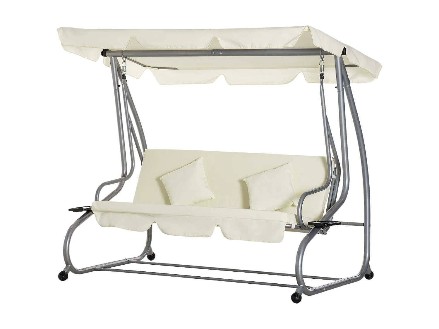 Balancelle de jardin 3 places convertible toit inclinaison réglable 2 tablettes support acier époxy gris polyester crème